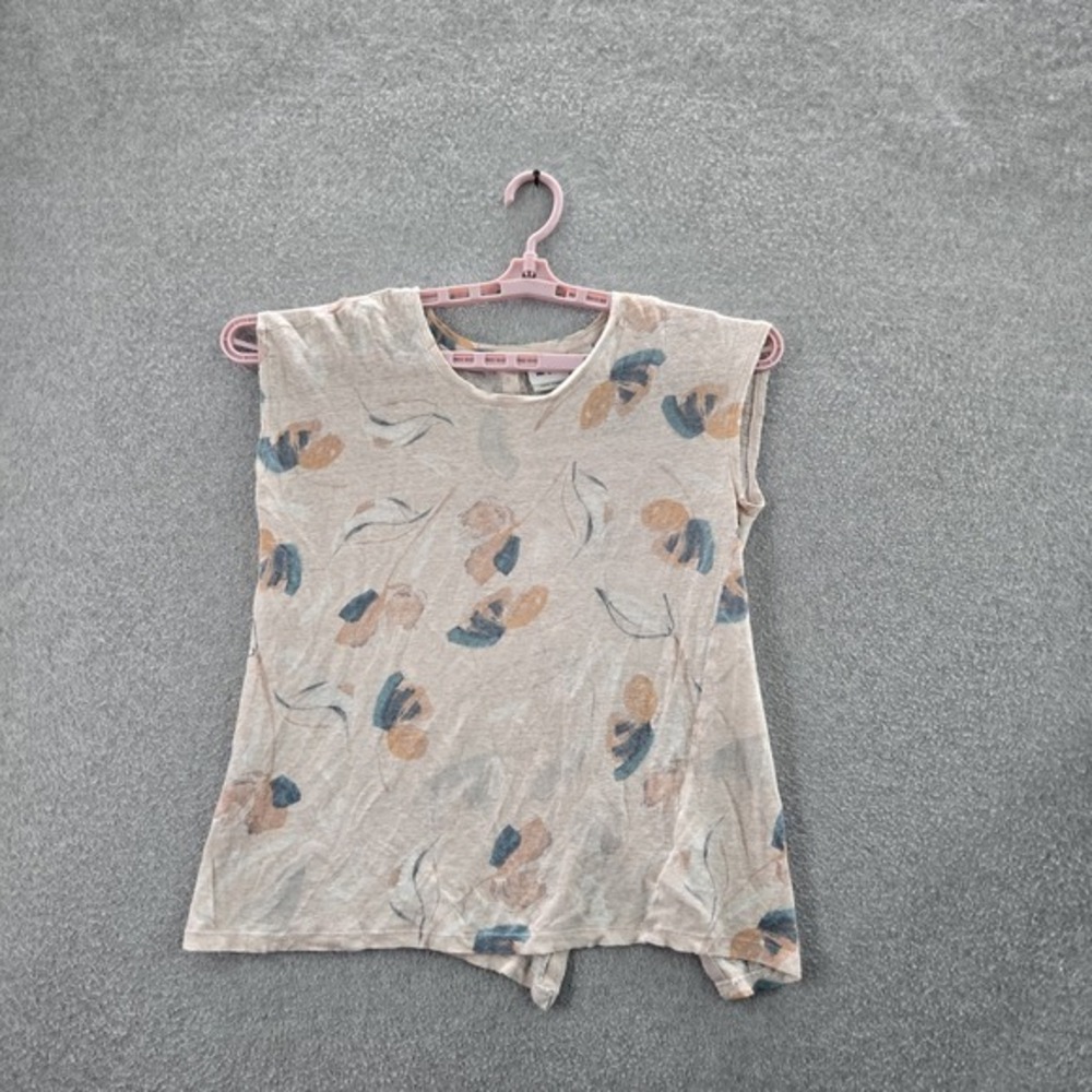 Rachel Zoe Women Blouse L Beige 100% Linen Floral Button Back Short Sleeve